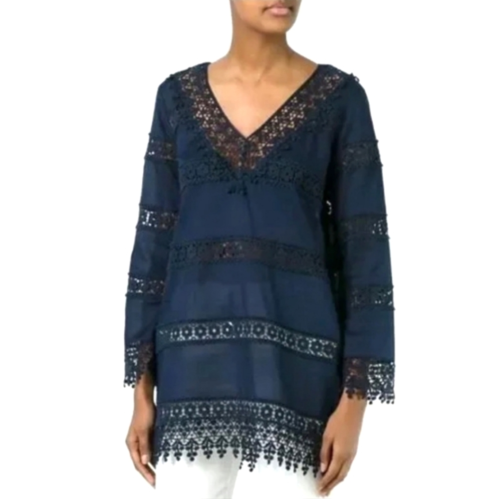 Tory Burch semi-sheer crochet navy blue cover-up/ mini dress women's size XS
